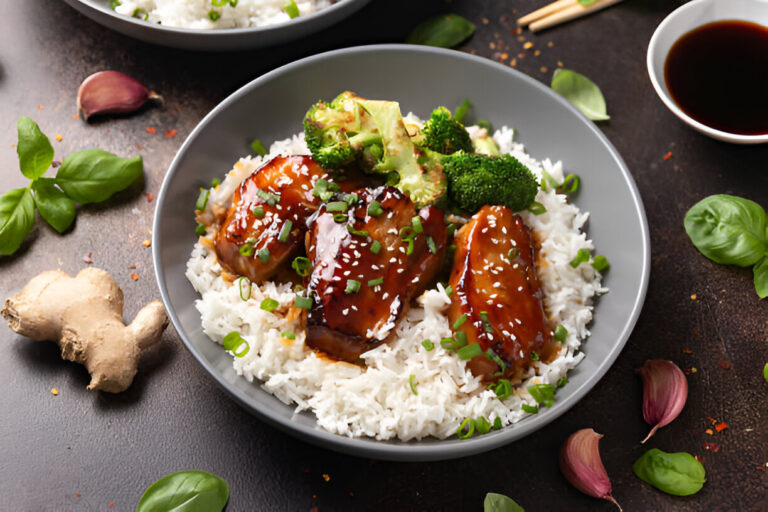 A delicious bowl of rice topped with shiny teriyaki chicken, steamed broccoli, and sprinkled with sesame seeds and green onions.