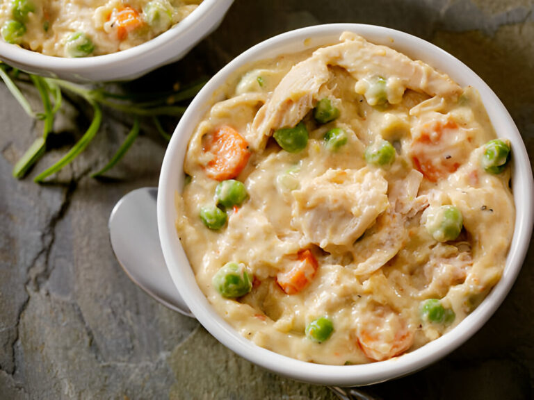 A bowl of creamy chicken and vegetable stew with peas and carrots.