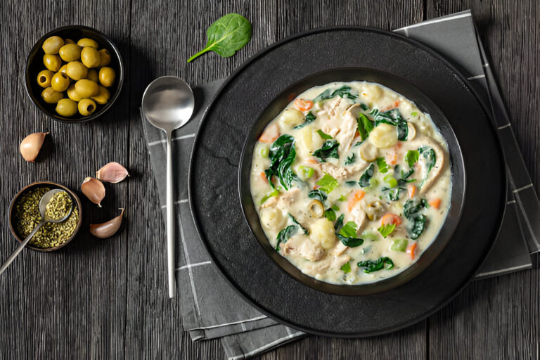 A bowl of creamy chicken soup with vegetables, spinach, and dumplings, surrounded by garlic cloves, green olives, and oregano.