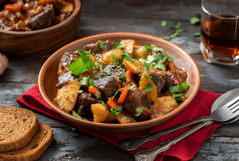 A bowl of hearty beef stew with potatoes, carrots, and garnished with fresh cilantro, served on a rustic wooden table.