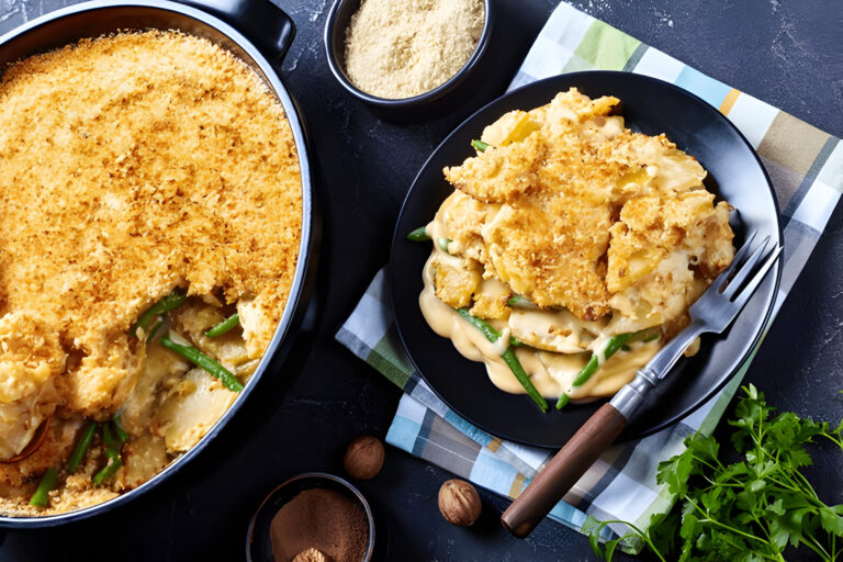 A baked casserole with a crispy breadcrumb topping, served alongside a portion on a black plate with green beans.