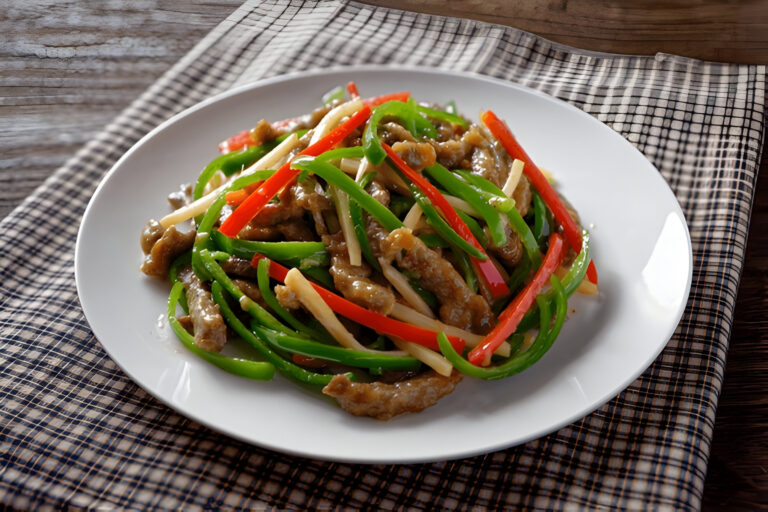A plate of stir-fried meat and vegetables, featuring green and red bell peppers along with strips of ginger.