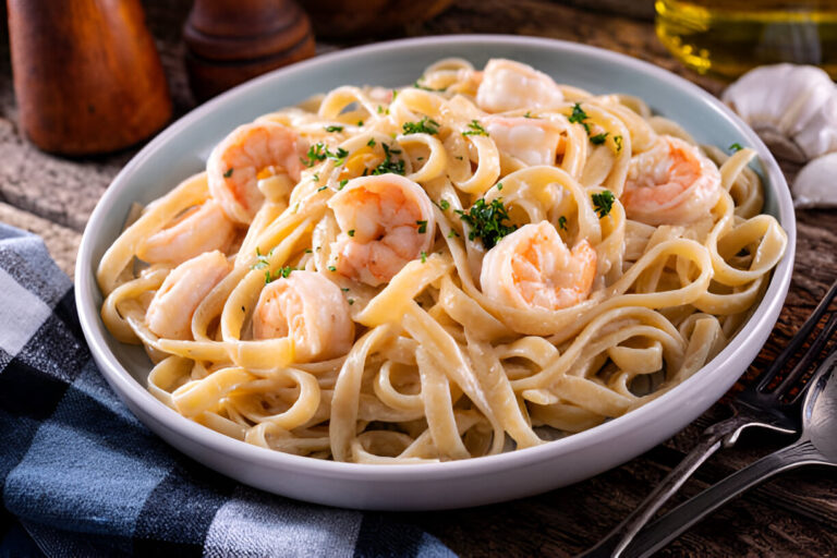 A plate of creamy shrimp fettuccine pasta garnished with parsley.