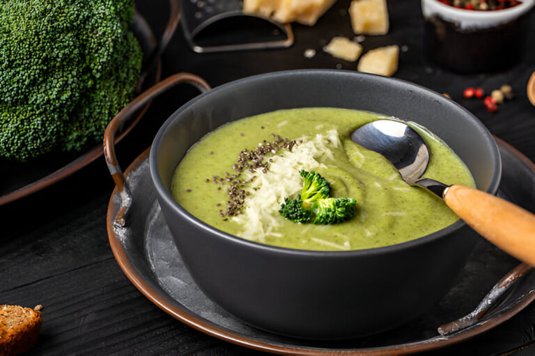 A bowl of creamy broccoli soup garnished with broccoli florets and sprinkled with black seeds, placed on a dark wooden table next to a fresh broccoli head.
