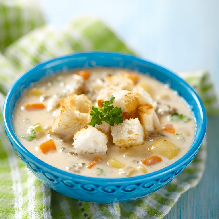 A bowl of creamy soup topped with croutons and garnished with parsley, placed on a green and white checked napkin.