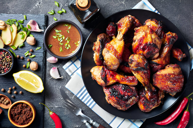 A platter of grilled chicken drumsticks served with condiments and spices.