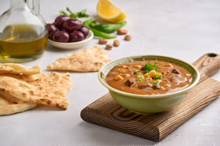 A bowl of savory dish with various toppings, surrounded by olive oil, olives, green peppers, and flatbreads.