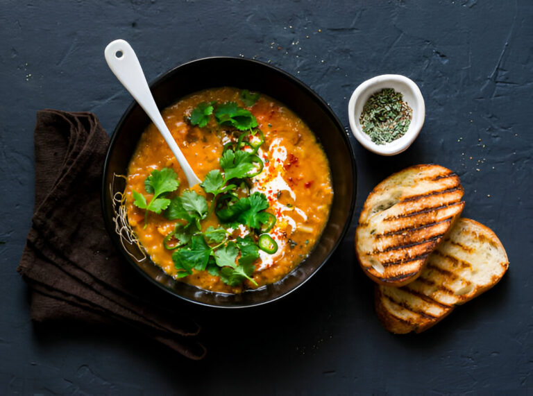 A bowl of soup garnished with herbs and sliced chili, accompanied by grilled bread and a small dish of seasoning.