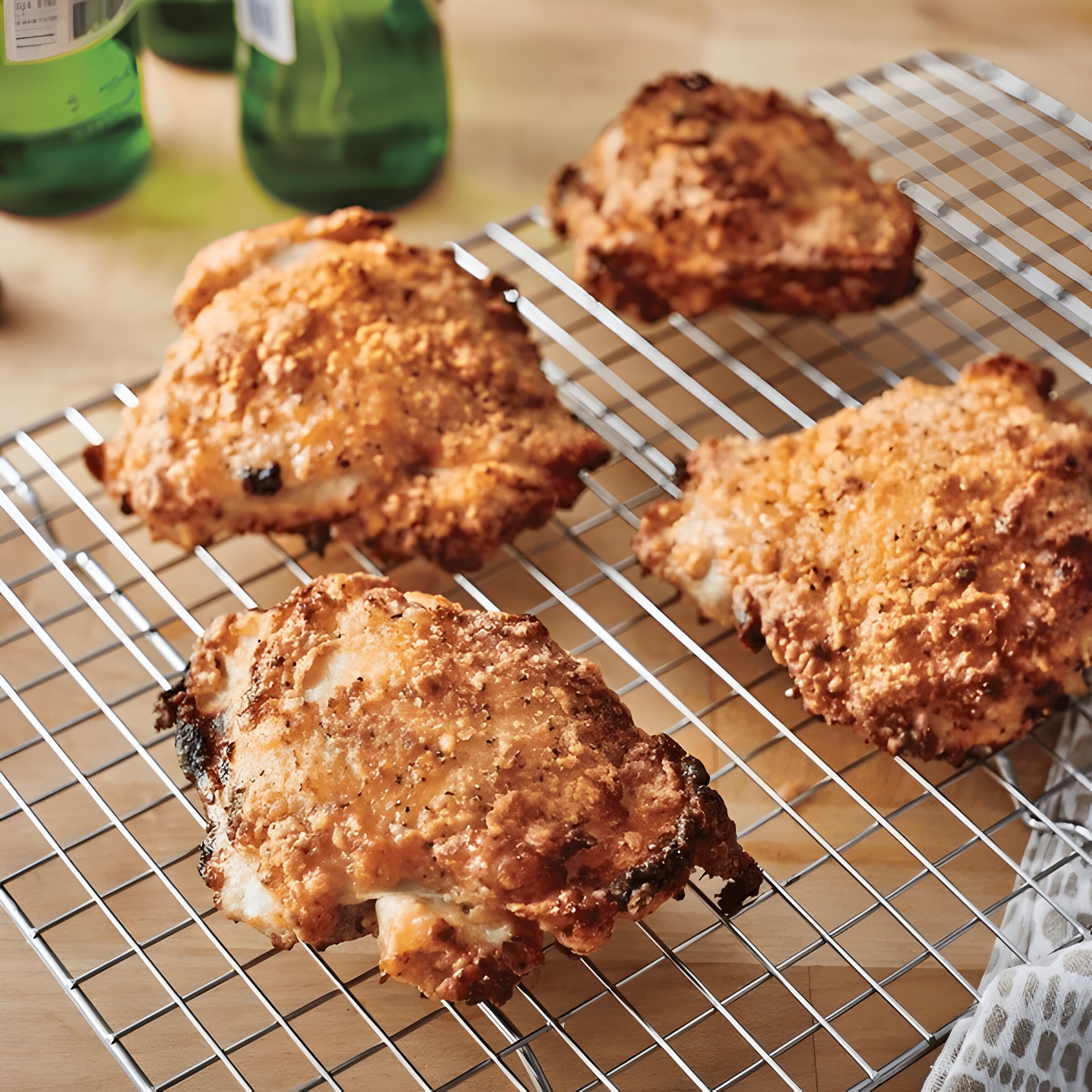 Golden-brown crispy fried chicken pieces resting on a wire rack with cold beverages in the background.
