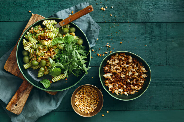 A vibrant bowl of pasta salad with greens, surrounded by a bowl of crushed nuts and a smaller bowl of ingredients.