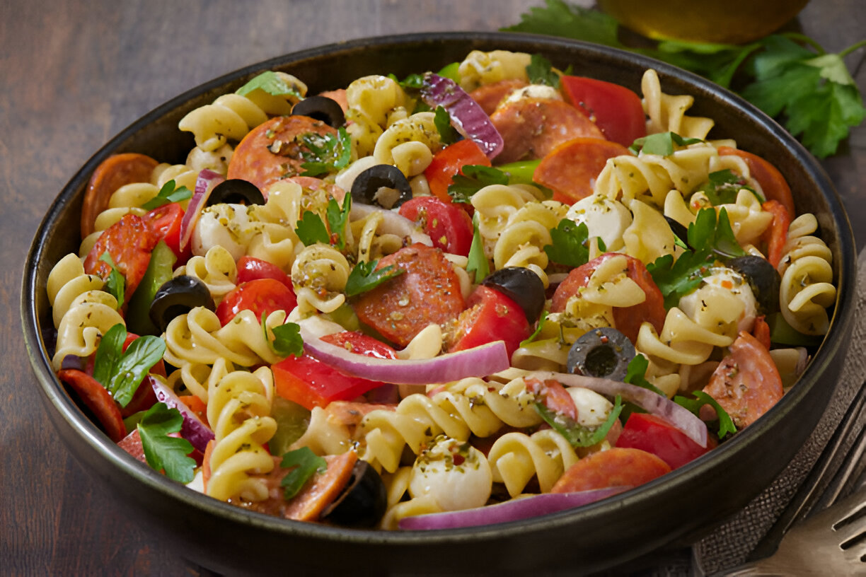 A colorful bowl of pasta salad featuring rotini pasta, pepperoni, olives, cherry tomatoes, red onions, and fresh parsley.