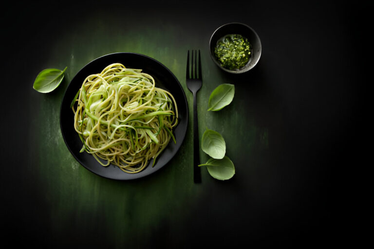 A plate of green pasta with herbs and a side of green sauce on a dark background