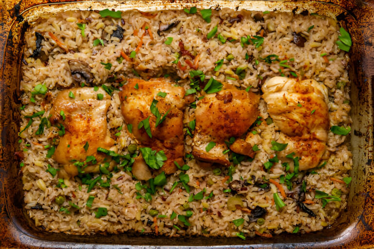 Baked chicken thighs served over seasoned rice with herbs