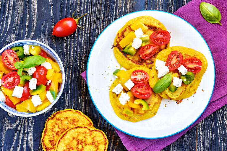 Colorful dish featuring tortillas topped with tomatoes, avocado, and cheese alongside a fresh salad in a bowl.