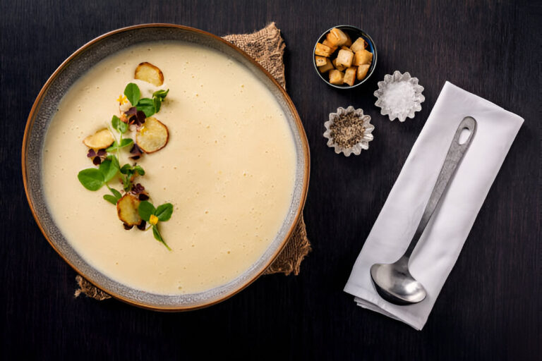 A bowl of creamy soup garnished with herbs and crispy potato slices, accompanied by small dishes of salt, pepper, and croutons on a dark wooden table.