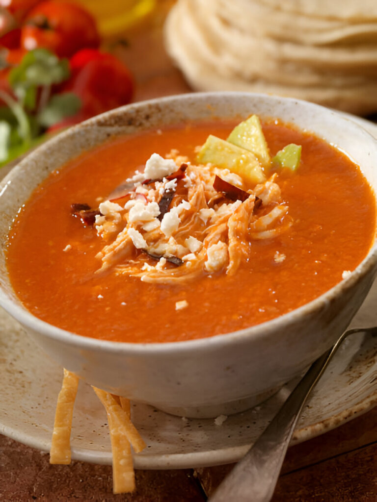 A bowl of vibrant red soup garnished with shredded chicken, diced avocado, crispy tortilla strips, and crumbled cheese.
