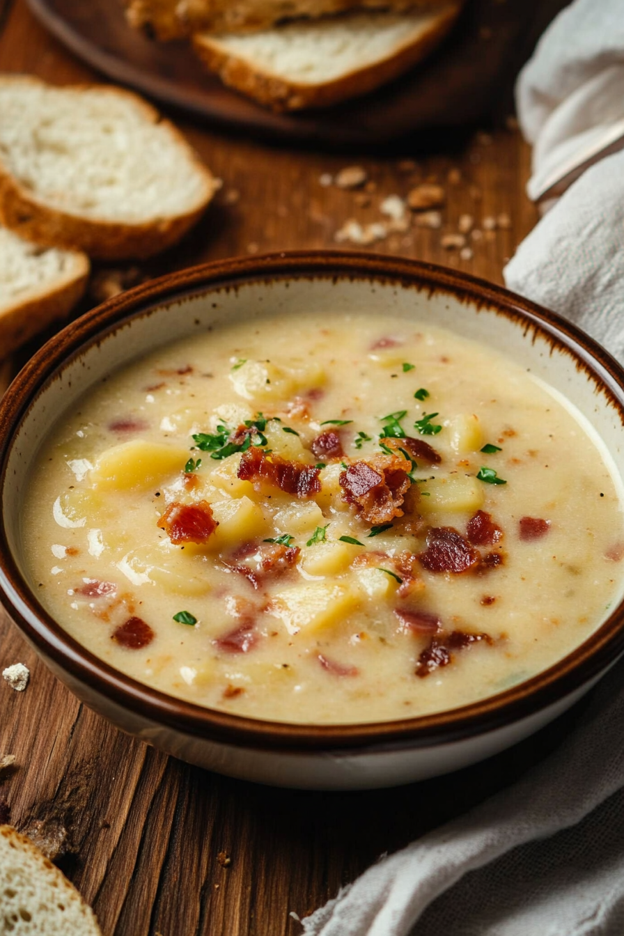 Potato and Bacon Soup with Cheesy Toast and Bacon
