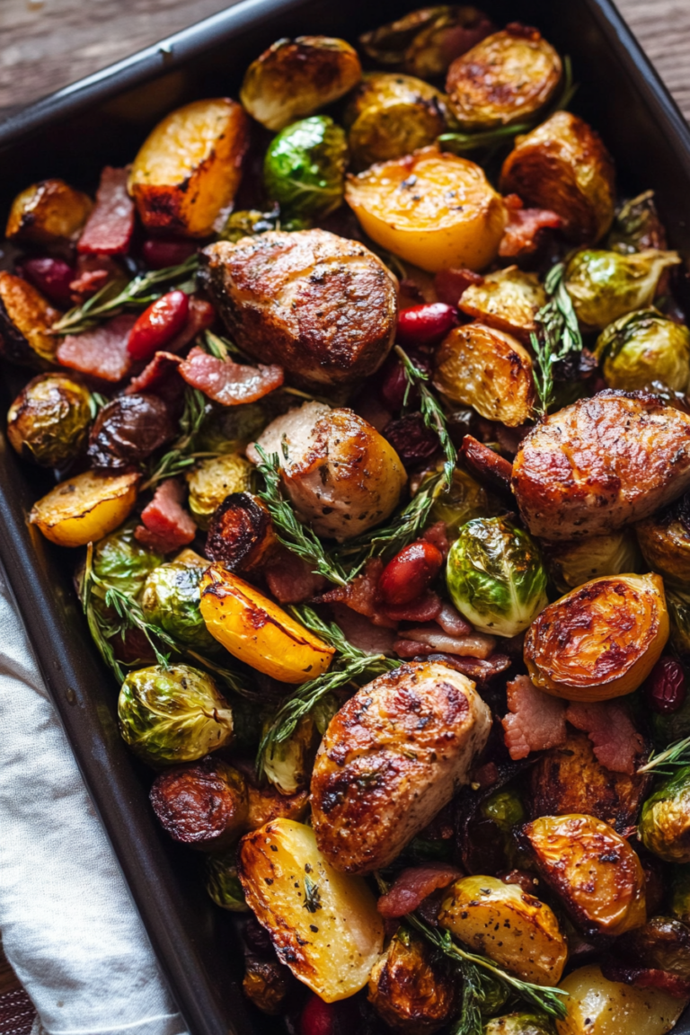 Roasted Brussels Sprouts Butternut Squash with Bacon, Cranberries, and Feta