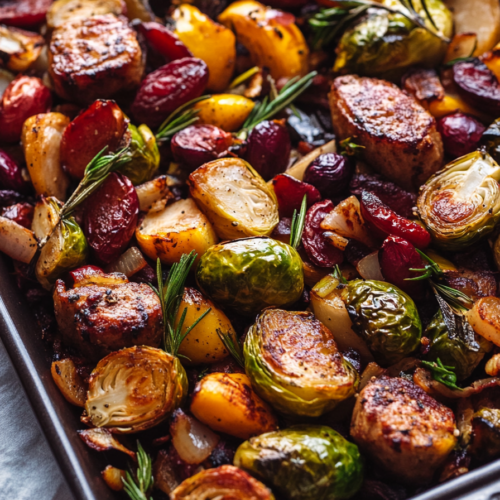 Roasted Brussels Sprouts Butternut Squash with Bacon, Cranberries, and Feta