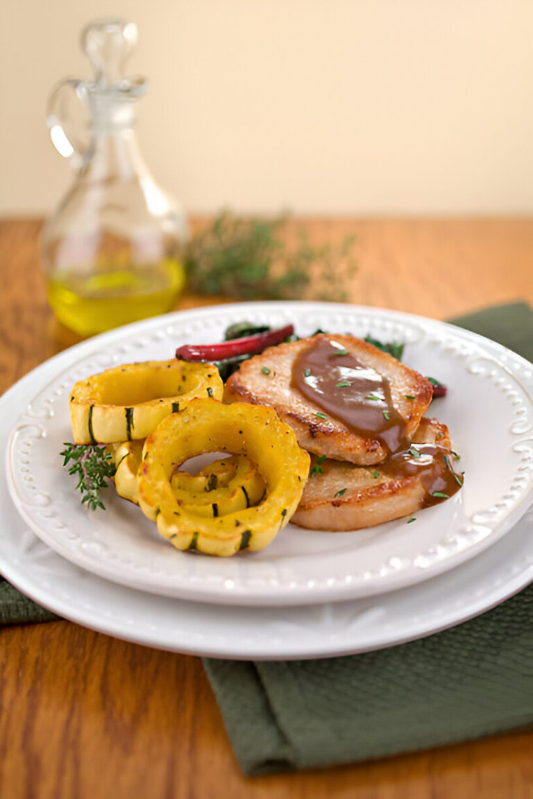 A plated meal featuring slices of meat with a brown sauce, accompanied by yellow squash rings and garnished with herbs.
