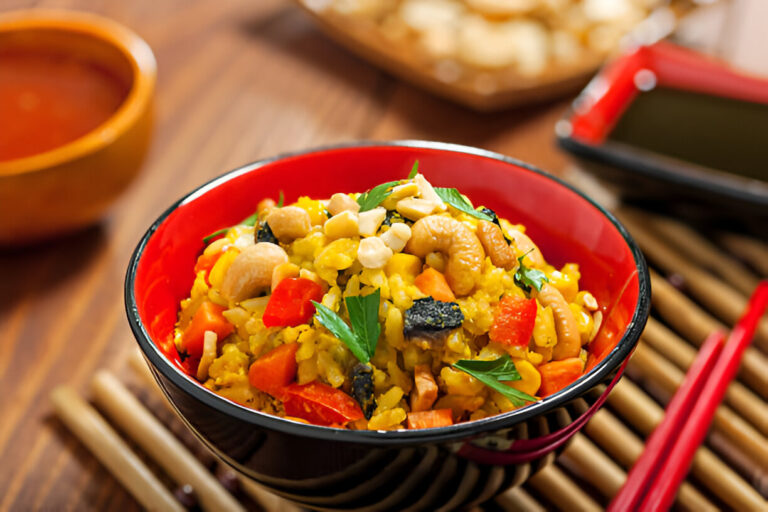A vibrant bowl of fried rice garnished with nuts and vegetables, served on a bamboo mat with chopsticks.