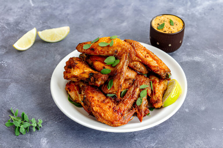A platter of crispy chicken wings garnished with herbs, accompanied by slices of lime and a small bowl of dip.