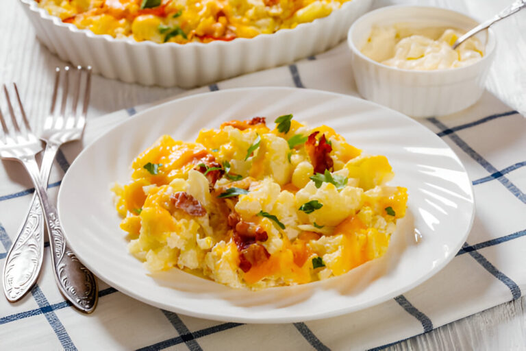 A plate of baked cheesy cauliflower with bacon, garnished with parsley, alongside a bowl of sour cream and a baking dish of the same dish.