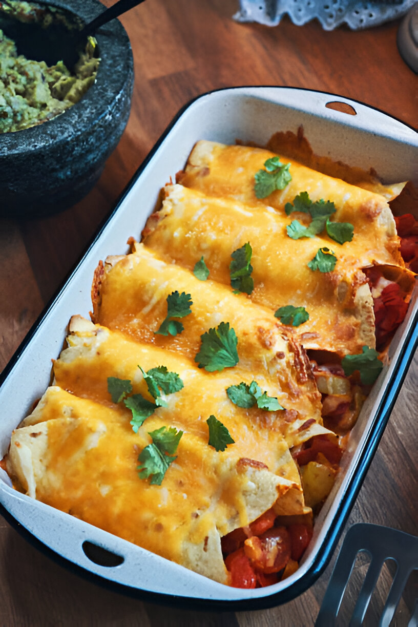 A baking dish filled with cheesy enchiladas topped with fresh cilantro, next to a bowl of guacamole.