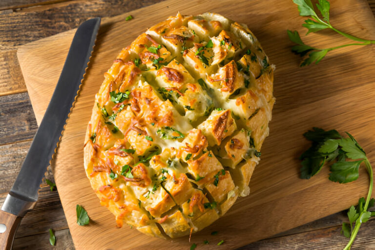 A freshly baked cheese and herb bread on a wooden cutting board, garnished with parsley.