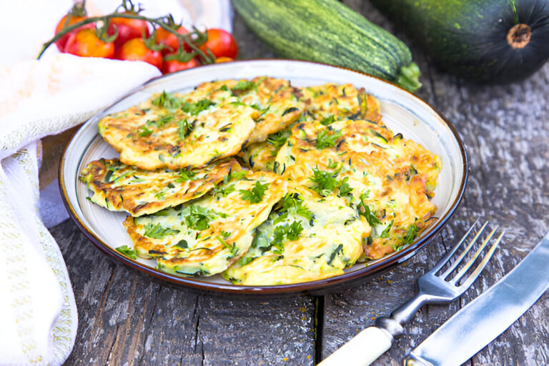 A plate of freshly made zucchini fritters garnished with parsley, surrounded by fresh vegetables, including zucchini and tomatoes.