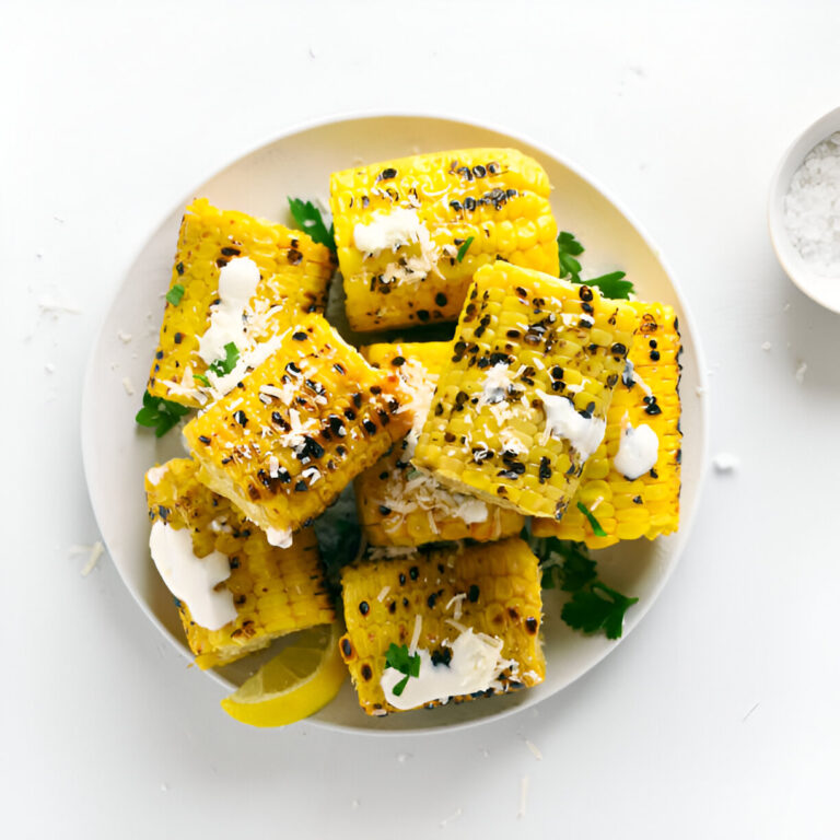 Grilled corn on the cob cut into squares, garnished with cheese and sauce, served on a white plate with a lemon wedge.