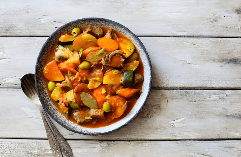 A bowl of vegetable stew with carrots, potatoes, and olives on a rustic wooden table.