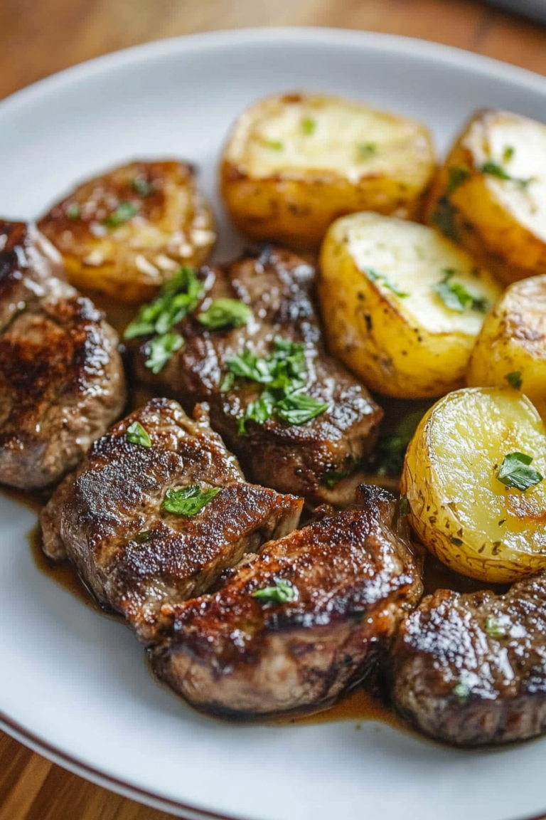 Air Fryer Garlic Butter Steak Bites and Potatoes