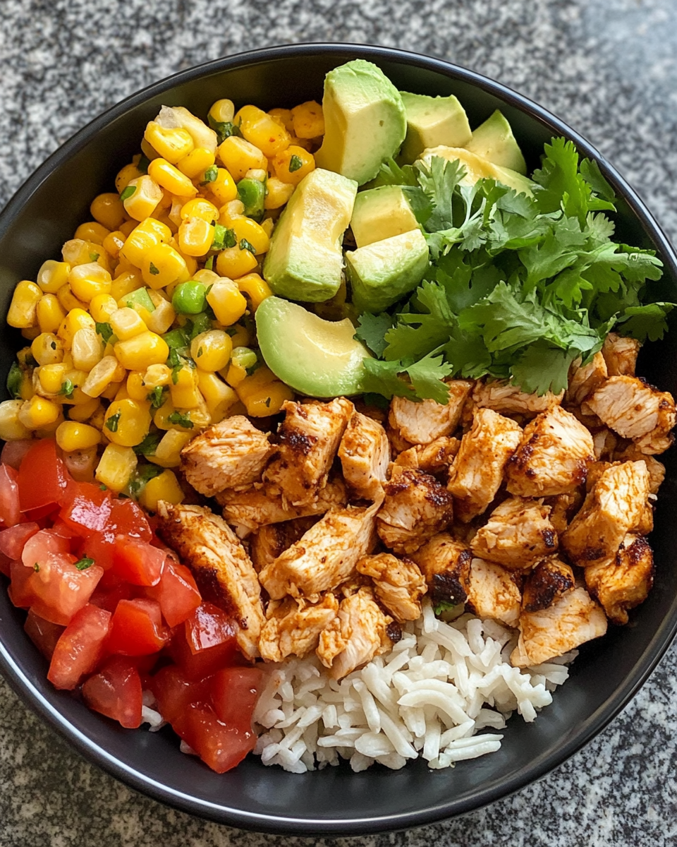 Plated chicken burrito bowl with fresh salsa, cauliflower rice, and sliced chicken