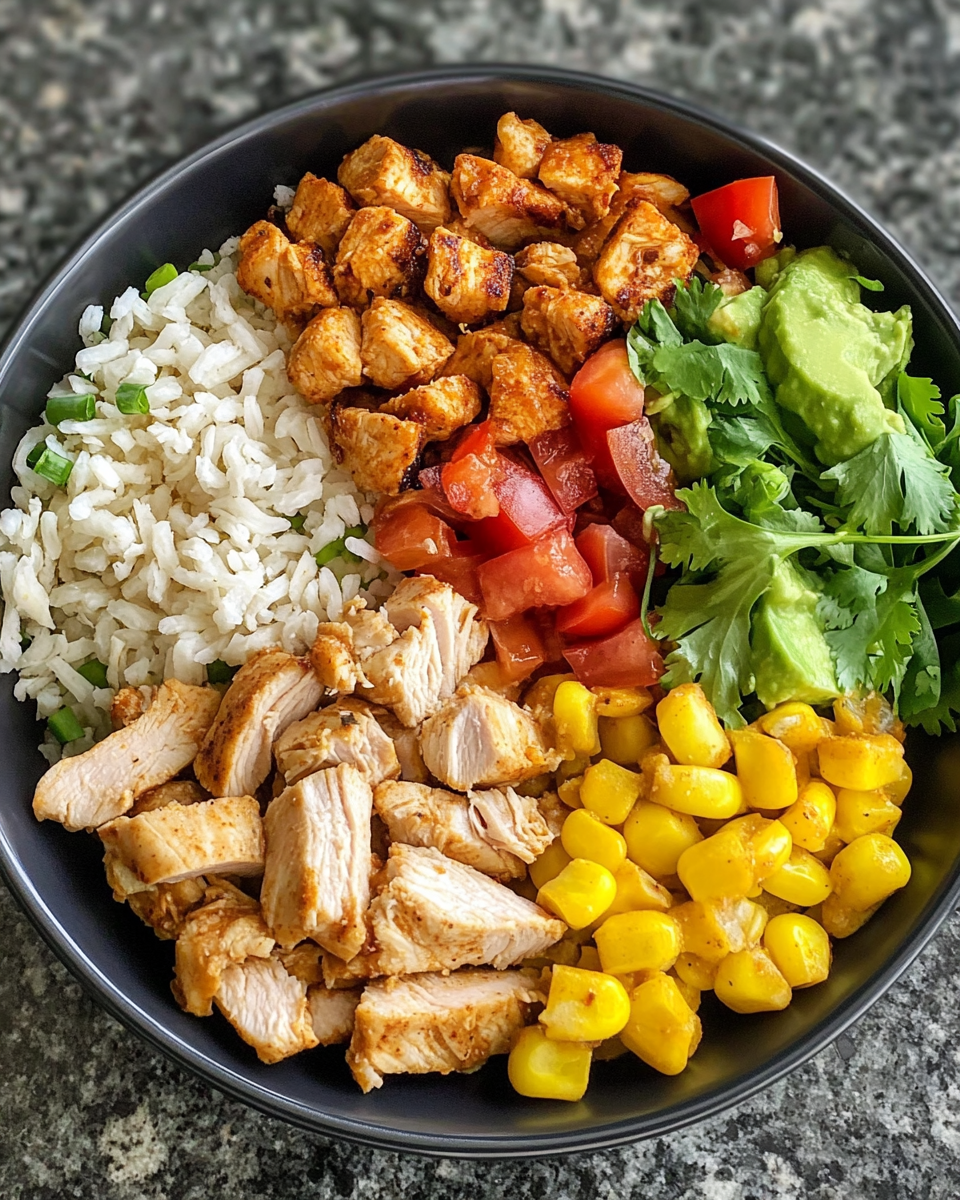 Close up of a spicy chicken burrito bowl fresh from the pressure cooker