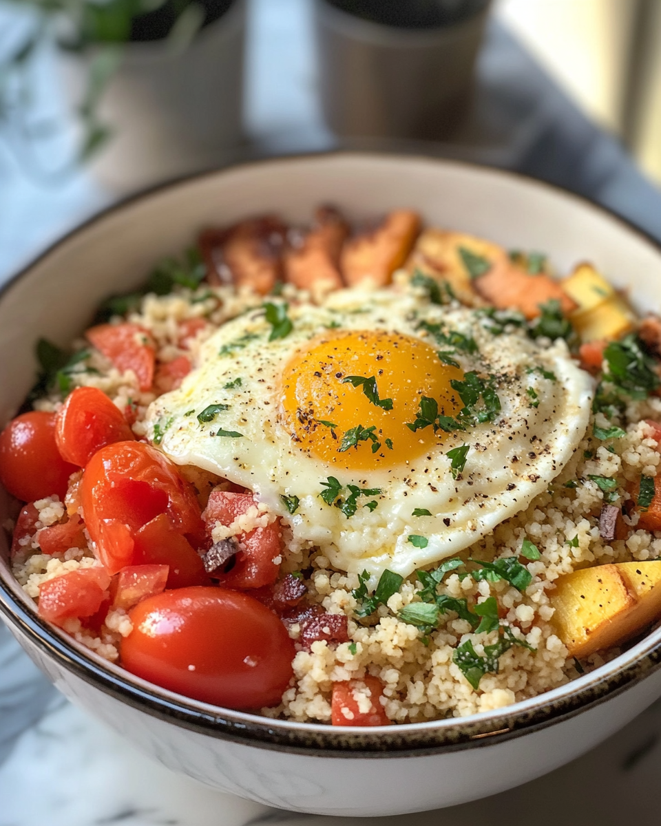 Easy Mediterranean Breakfast Couscous taken with iphone 15 pro max --iw 2 --ar 4:5 --v 6.1 --raw