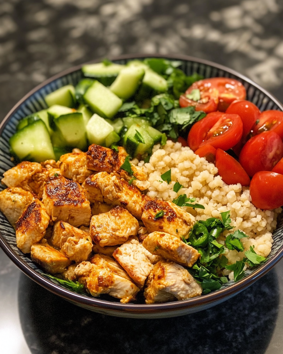 Greek chicken couscous bowl with fresh herbs and ingredients in pressure cooker aroma