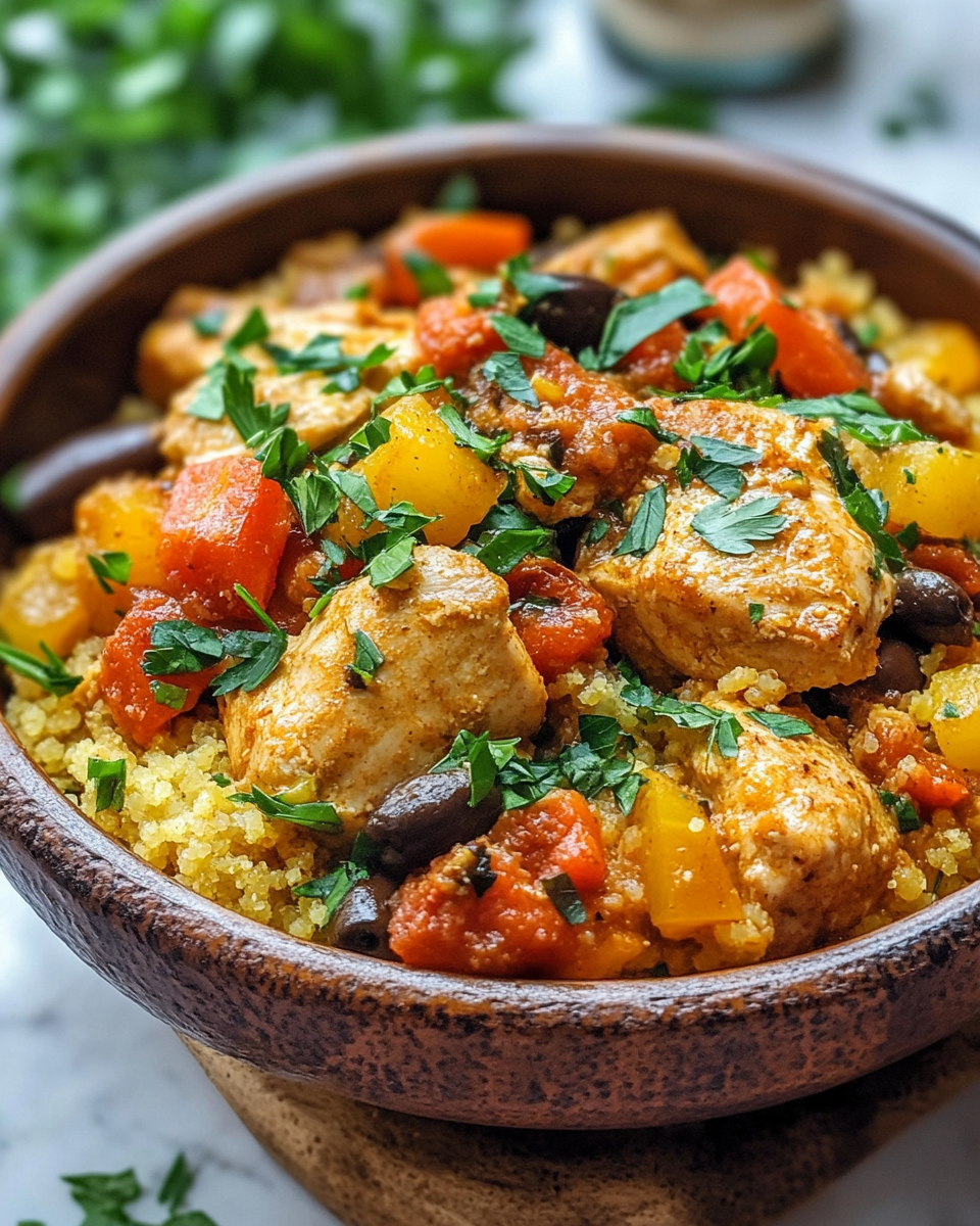 Fresh ingredients for Moroccan chicken including spices, garlic, and vegetables