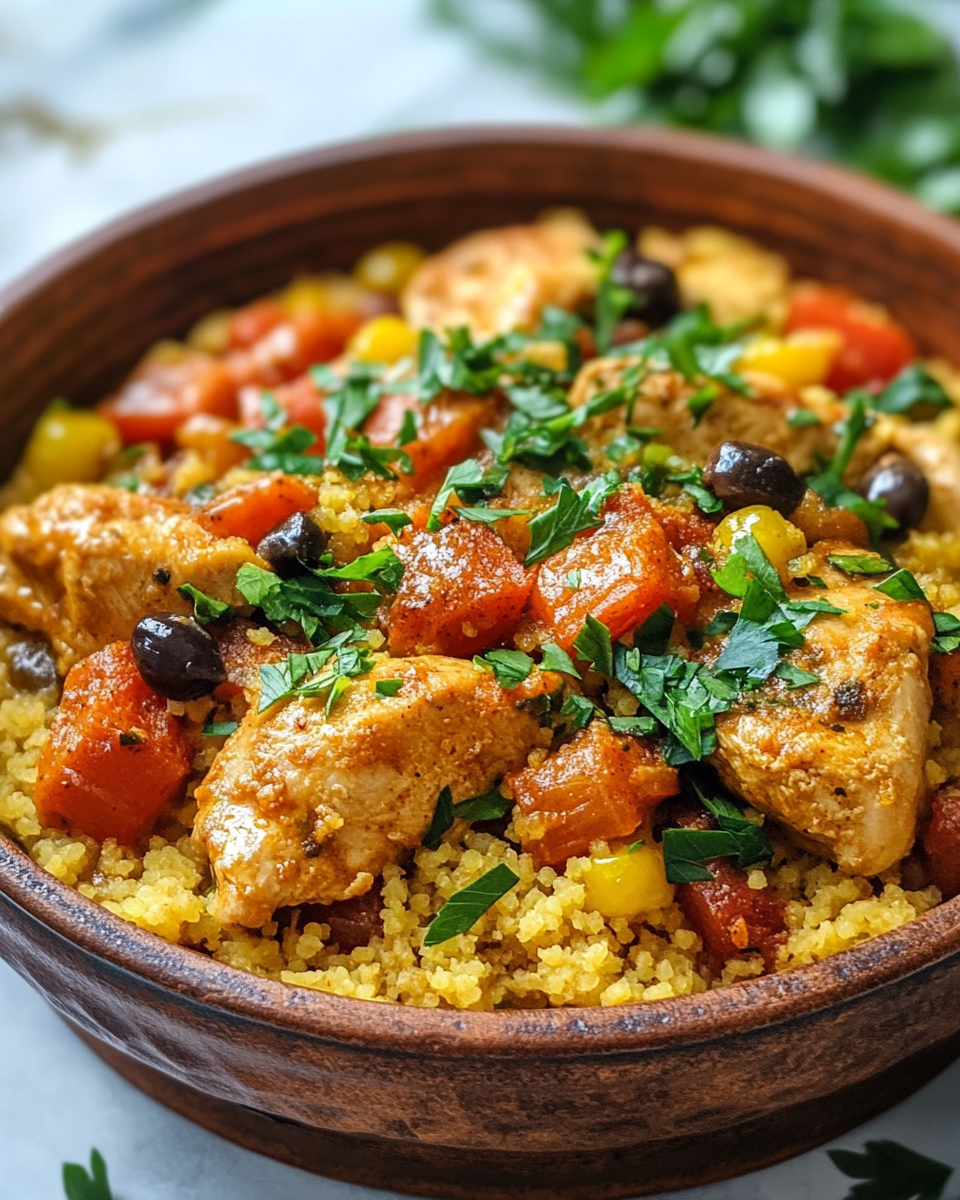 Plated Moroccan chicken and couscous with fresh parsley garnish