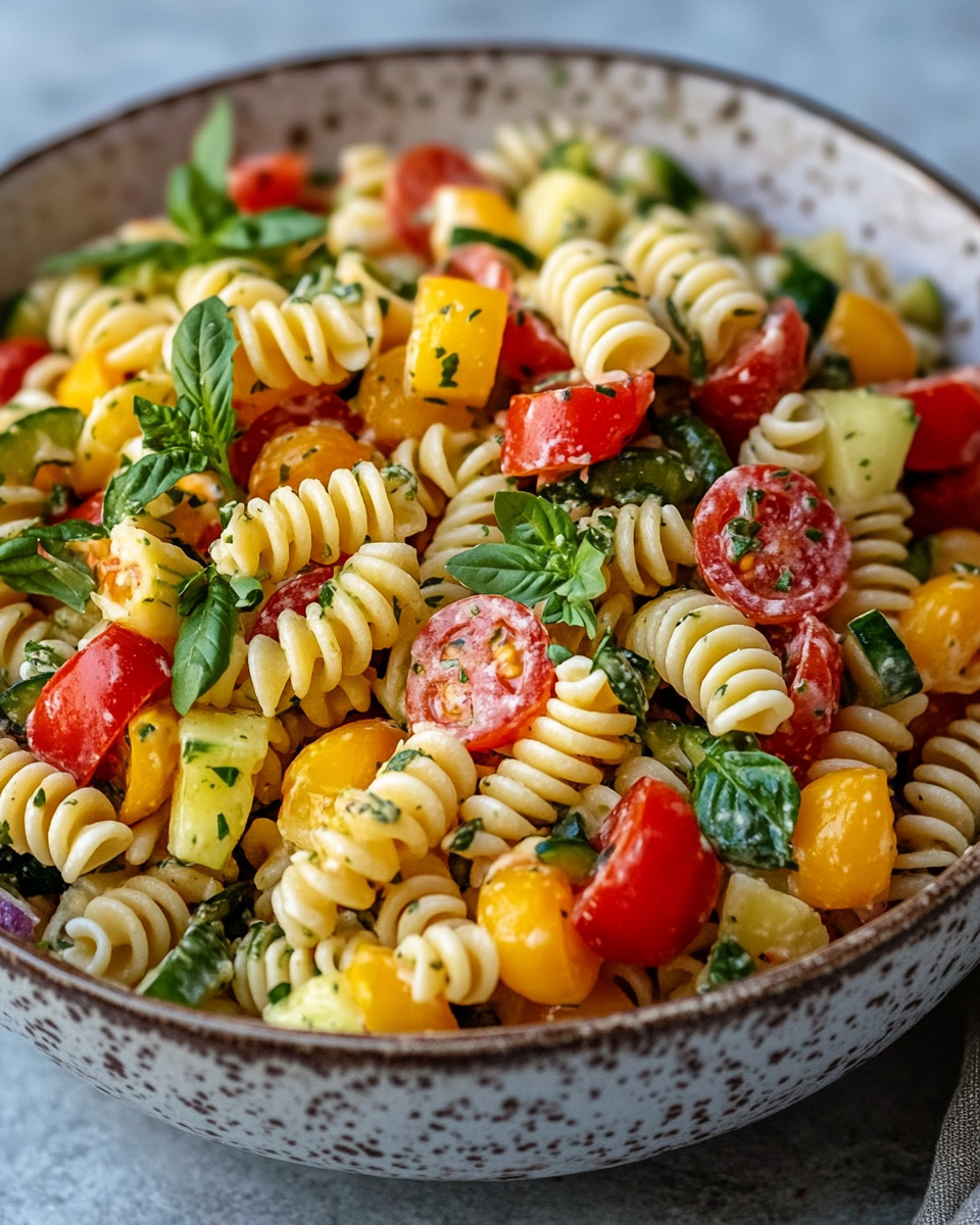 Key ingredients for pasta salad including cherry tomatoes and feta cheese