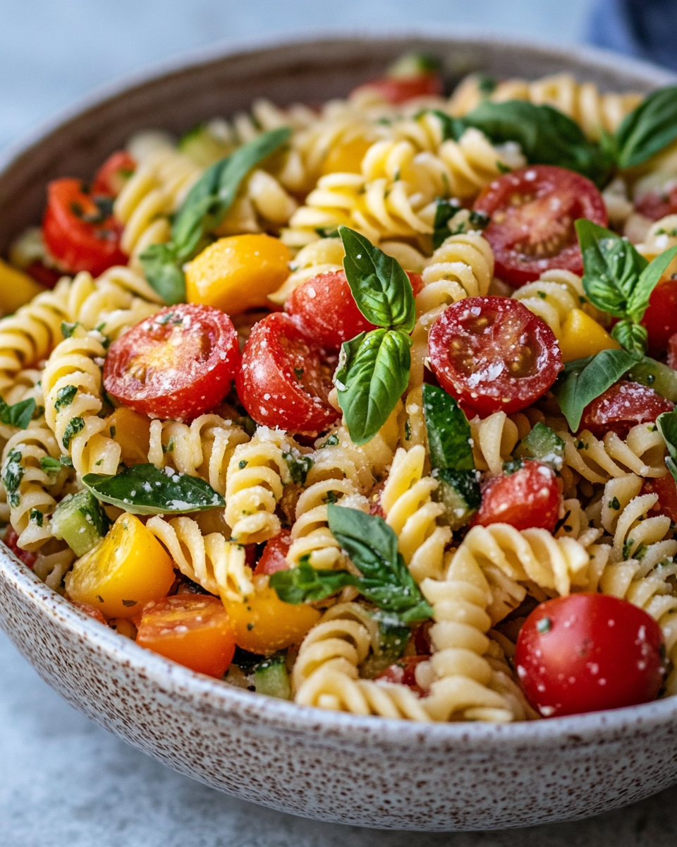 Finished pasta salad with fresh veggies and feta cheese served in bowl