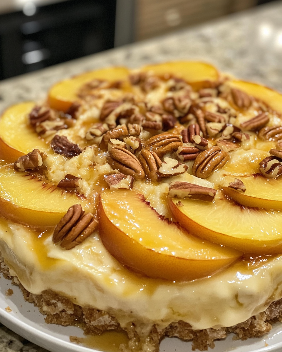 Fresh ingredients for peach pecan baked brie including sliced peaches and pecans