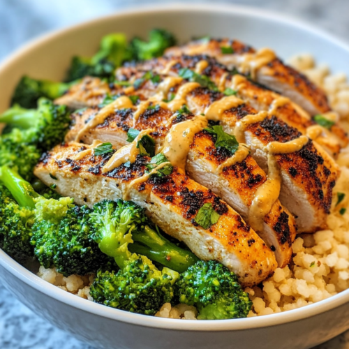 Quick Zaatar Chicken Bowl With Broccoli, Tahini, And Israeli Couscous taken with iphone 15 pro max --iw 2 --ar 4:5 --v 6.1 --raw
