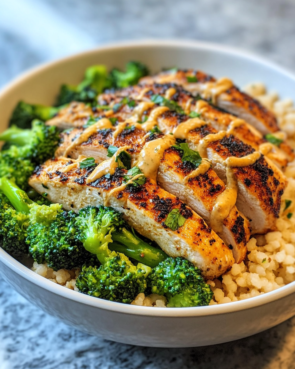 Quick Zaatar Chicken Bowl With Broccoli, Tahini, And Israeli Couscous taken with iphone 15 pro max --iw 2 --ar 4:5 --v 6.1 --raw