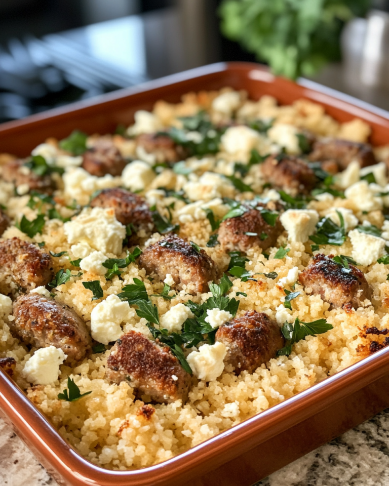 Simple Baked Feta And Sausage Couscous taken with iphone 15 pro max --iw 2 --ar 4:5 --v 6.1 --raw