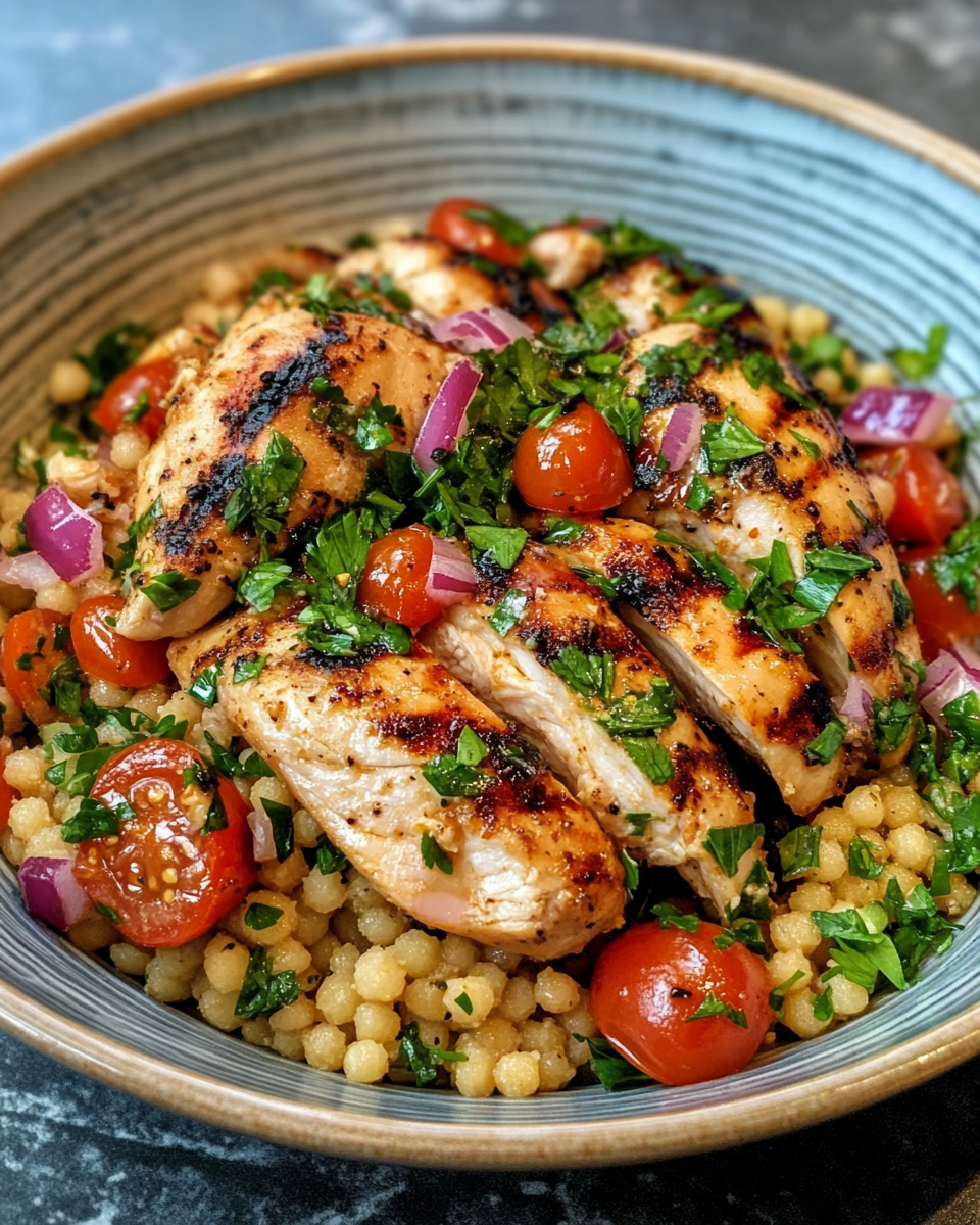 Simple Mediterranean Grilled Chicken With Israeli Couscous Salad taken with iphone 15 pro max --iw 2 --ar 4:5 --v 6.1 --raw