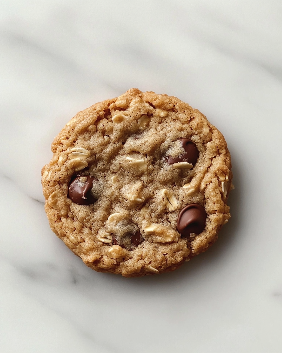 Plated oatmeal chocolate chip cookies with soft texture and melty chocolate