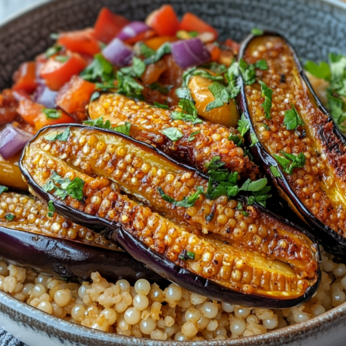 Spiced Seared Eggplant With Pearl Couscous taken with iphone 15 pro max --iw 2 --ar 4:5 --v 6.1 --raw
