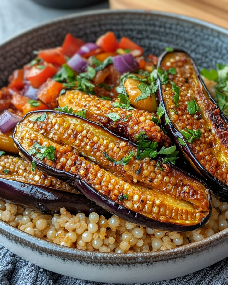 Spiced seared eggplant with pearl couscous in pressure cooker close up