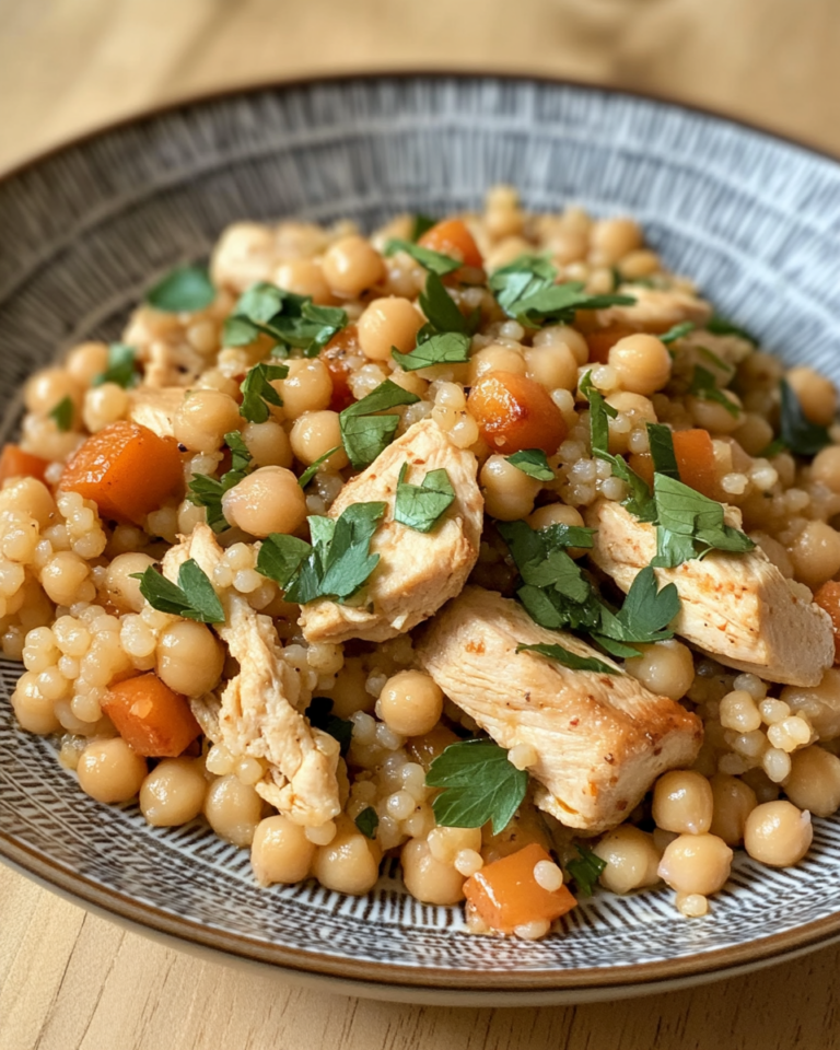 Toasted Pearl Couscous With Chicken And Chickpeas taken with iphone 15 pro max --iw 2 --ar 4:5 --v 6.1 --raw